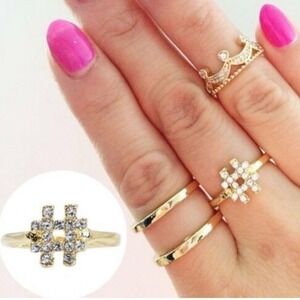 Sparkling Hashtag Ring – Gold Tone Crystal Rhinestone (Size 8) *NEW*